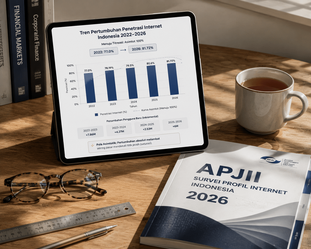 Tablet menampilkan grafik statistik tren pertumbuhan penetrasi internet Indonesia 2022-2026 dari survei APJII.