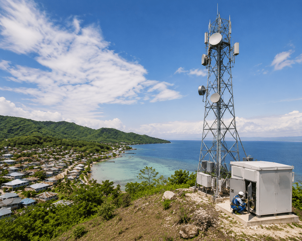 Menara pemancar telekomunikasi BTS di perbukitan pesisir Indonesia timur untuk memperluas akses internet luar Jawa.