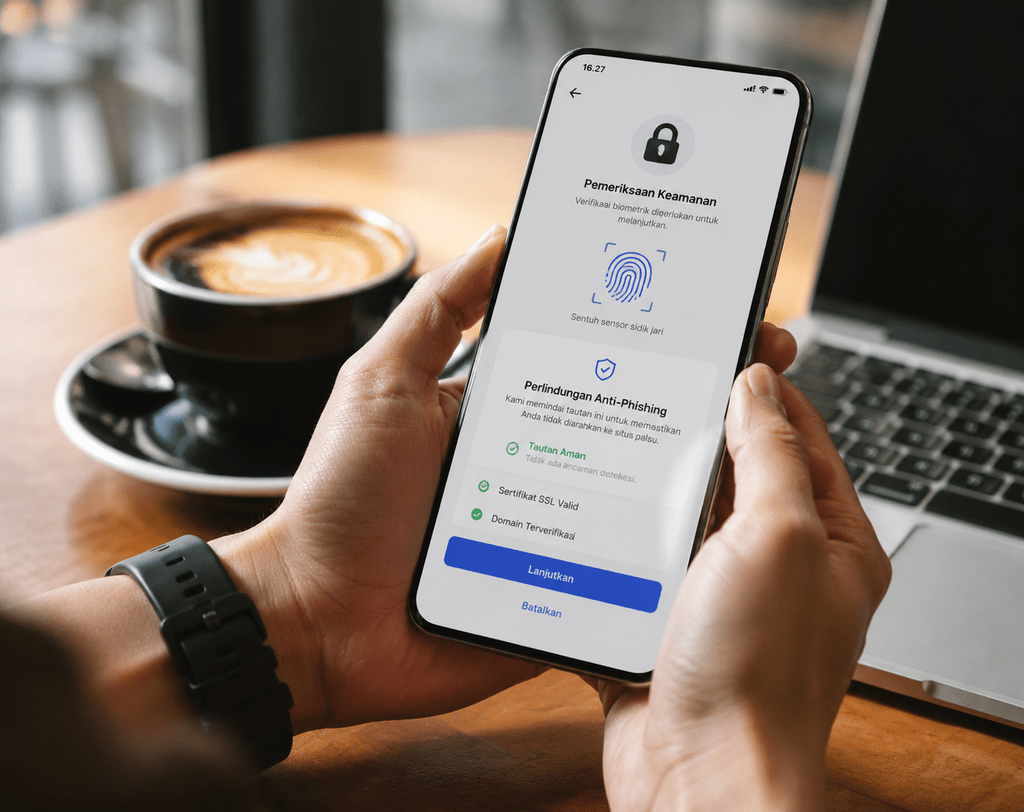 Penggunaan smartphone sebagai perangkat utama akses internet dilengkapi fitur keamanan proteksi anti-phishing.