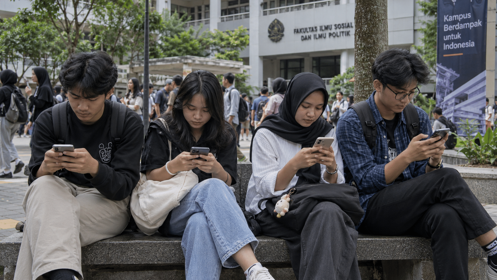 Sekelompok mahasiswa Gen Z duduk berdekatan di area kampus namun masing-masing sibuk dengan ponsel pintarnya.
