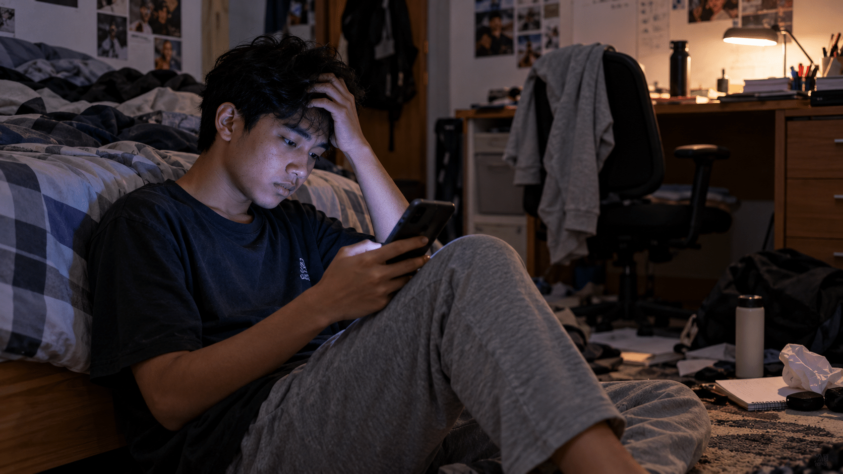 Seorang remaja menunjukkan gestur stres dan lelah mental akibat terlalu lama terpapar konten media sosial (doomscrolling).