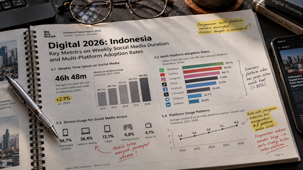 Sampul cetak dan lembar data laporan Digital 2026: Indonesia We Are Social dan Meltwater di atas meja riset.