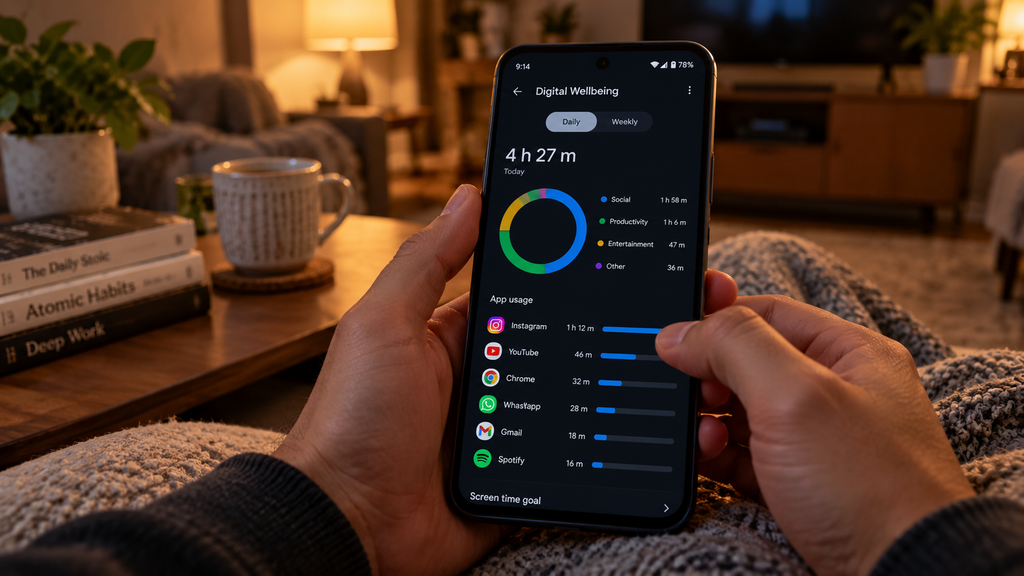 Seseorang memeriksa menu Screen Time atau Digital Wellbeing pada pengaturan ponsel pintar untuk memantau durasi layar harian.